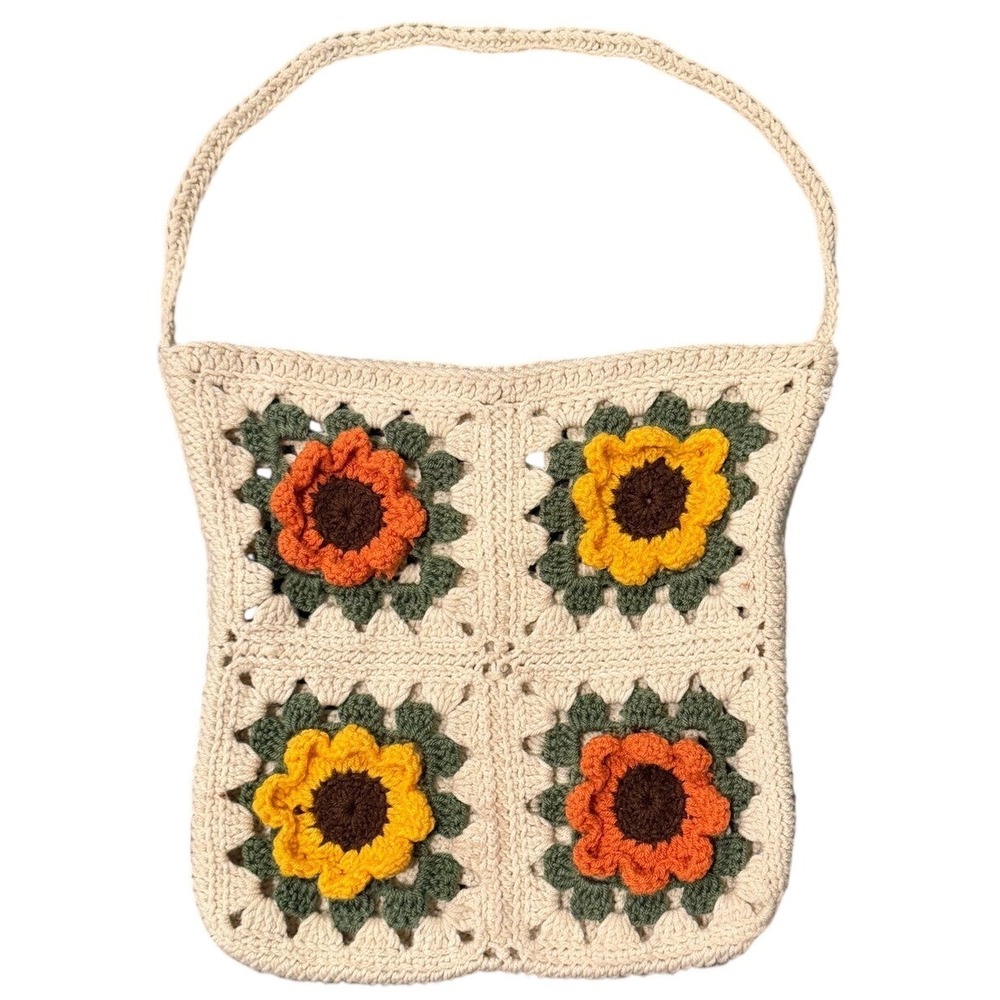 Handmade Crochet Granny Square Sunflower Tote Bag Cream Boho Floral Shoulder Bag